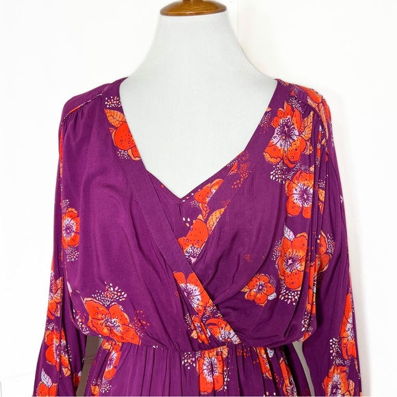Free People Tropical Floral Print Faux Wrap Tie Sleeve Purple Peplum Blouse - Picture 11 of 15